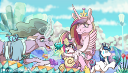 Size: 1600x917 | Tagged: safe, artist:inuhoshi-to-darkpen, mistmane, princess cadance, princess flurry heart, shining armor, alicorn, classical unicorn, pony, unicorn, baby, baby pony, cloven hooves, crystal flower, curved horn, ethereal mane, female, filly, foal, funny background event, horn, leonine tail, magic, magic aura, male, mare, stallion, sweat, sweatdrop, telekinesis, unshorn fetlocks