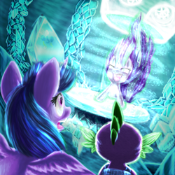 Size: 300x300 | Tagged: safe, artist:dragolina01, derpibooru import, spike, starlight glimmer, twilight sparkle, twilight sparkle (alicorn), alicorn, dragon, pony, the cutie re-mark, crystal castle, female, glowing horn, levitation, magic, mare, scene interpretation, self-levitation, telekinesis