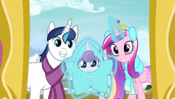 Size: 1366x768 | Tagged: safe, screencap, princess cadance, princess flurry heart, shining armor, alicorn, pony, unicorn, best gift ever, baby, baby pony, cute, cutedance, family, flurrybetes, foal, shining adorable, star flurry heart