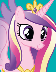 Size: 434x554 | Tagged: safe, princess cadance, alicorn, pony, official, simple background, smiling, solo, spread wings, teal background, wings