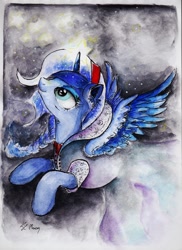 Size: 1024x1410 | Tagged: safe, artist:moonlight-ki, princess luna, alicorn, pony, braid, clothes, dress, flying, glowing horn, looking up, magic, smiling, solo, spread wings, traditional art, wings