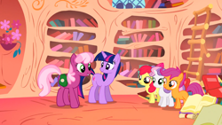 Size: 1366x768 | Tagged: safe, derpibooru import, screencap, apple bloom, cheerilee, scootaloo, sweetie belle, twilight sparkle, the show stoppers, animation error, cutie mark crusaders