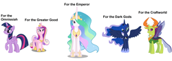 Size: 7000x2500 | Tagged: safe, princess cadance, princess celestia, princess luna, thorax, twilight sparkle, twilight sparkle (alicorn), alicorn, changedling, changeling, pony, absurd resolution, adeptus mechanicus, chaos, crossover, eldar, imperium of man, king thorax, simple background, tau, warhammer (game), warhammer 40k, white background