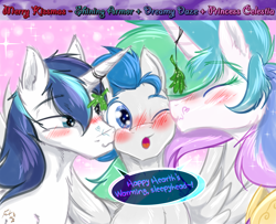 Size: 2400x1952 | Tagged: safe, artist:frist44, princess celestia, shining armor, oc, oc:dreamy daze, alicorn, pony, unicorn, bisexual, blushing, blushing profusely, canon x oc, dialogue, female, gay, heart, infidelity, kiss on the cheek, kiss sandwich, kissing, male, mare, mistletoe, shipping, spread wings, stallion, wingboner, wings