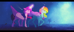 Size: 2305x1003 | Tagged: safe, artist:loukaina, derpibooru import, rainbow dash, twilight sparkle, twilight sparkle (alicorn), alicorn, pegasus, pony, alternate hairstyle, female, lesbian, long mane, magic, mare, meteor, night, shipping, stars, twidash