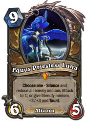 Size: 400x569 | Tagged: safe, artist:viwrastupr, princess luna, alicorn, pony, card, druid, hearthstone, legendary, moon, scythe, scythe of elune, spread wings, trading card, trading card game, warcraft, wings