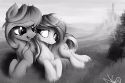 Size: 2828x1868 | Tagged: safe, artist:aurelleah, princess cadance, oc, oc:liquid harmony, alicorn, pegasus, pony, canon x oc, crystal empire, cuddling, cute, female, male, monochrome, straight