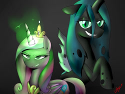 Size: 800x600 | Tagged: safe, artist:starykrow, princess cadance, queen chrysalis, alicorn, changeling, changeling queen, pony, crown, disguise, disguised changeling, fake cadance, glowing horn, grin, jewelry, lidded eyes, looking at you, peytral, raised hoof, regalia, smiling