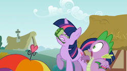 Size: 1365x768 | Tagged: safe, derpibooru import, screencap, spike, twilight sparkle, unicorn twilight, dragon, frog, pony, unicorn, feeling pinkie keen, eyes closed, female, hat, male, mare, raised hoof, umbrella hat