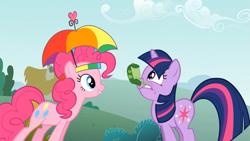 Size: 1365x768 | Tagged: safe, derpibooru import, screencap, pinkie pie, twilight sparkle, earth pony, frog, pony, feeling pinkie keen, hat, umbrella hat