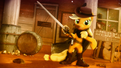 Size: 1920x1080 | Tagged: safe, artist:flutterdaz, derpibooru import, applejack, pinkie pie, twilight sparkle, earth pony, pony, 3d, bipedal, clothes, cosplay, costume, puss in boots, solo, source filmmaker, sword, weapon