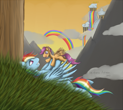 Size: 847x758 | Tagged: safe, artist:krisph, rainbow dash, scootaloo, pegasus, pony, female, mare, scootalove, wings