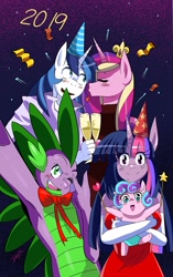 Size: 1467x2339 | Tagged: safe, artist:traupa, princess cadance, princess flurry heart, shining armor, spike, twilight sparkle, twilight sparkle (alicorn), alicorn, anthro, armpits, clothes, female, glass, happy new year, happy new year 2019, holiday, male, older, older spike, shiningcadance, shipping, smiling, straight, wine glass