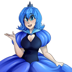 Size: 2000x2000 | Tagged: safe, artist:goshhhh, princess luna, human, breasts, cleavage, clothes, curtsey, cute, dress, female, humanized, luna of atlantis, lunabetes, princess, princess balloona, shiny, simple background, smiling, solo, transparent background