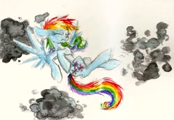 Size: 2408x1654 | Tagged: safe, artist:smartmeggie, rainbow dash, pegasus, pony, cloud, cloudy, swapped cutie marks, traditional art