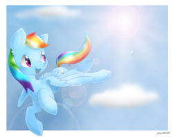 Size: 900x712 | Tagged: safe, artist:pegasisters82, rainbow dash, pegasus, pony, flying, lens flare, sky, solo