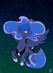 Size: 1861x2562 | Tagged: safe, artist:ximsketchs, princess luna, alicorn, pony, cute, ethereal mane, flying, lunabetes, signature, solo, starry mane, stars, twilight (astronomy)