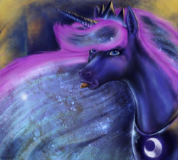 Size: 1002x901 | Tagged: safe, artist:balthasar999, princess luna, alicorn, horse, pony, abstract background, bust, female, hoers, majestic as fuck, mare, portrait, realistic, silly, silly pony, solo, tongue out