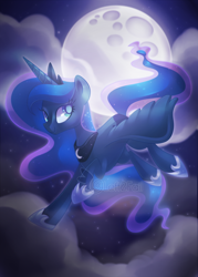 Size: 900x1260 | Tagged: safe, artist:drawntildawn, princess luna, alicorn, pony, cloud, crown, female, flying, full moon, jewelry, mare, moon, regalia, solo, watermark