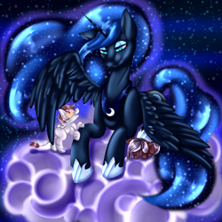 Size: 1800x1800 | Tagged: safe, artist:arcademelisa, princess luna, oc, alicorn, earth pony, pony, eyepatch, foal, maternaluna, prone