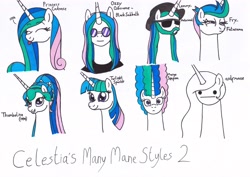 Size: 3470x2456 | Tagged: safe, artist:killerteddybear94, princess cadance, princess celestia, twilight sparkle, alicorn, pony, alternate hairstyle, asdfmovie, beard, cute, cutelestia, don bluth, eyes closed, facial hair, female, glasses, hat, lemmy kilmister, lidded eyes, mare, marge simpson, nya, ozzy osbourne, philip j. fry, smiling, squint, sunglasses, thumbelina, tongue out, traditional art