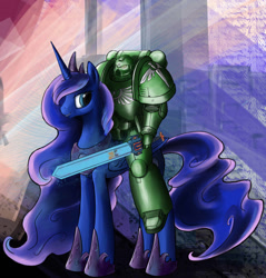 Size: 1024x1070 | Tagged: safe, artist:xxkrutoy, princess luna, human, armor, crossover, dark angels, humans riding ponies, power armor, power sword, riding, space marine, sword, warhammer (game), warhammer 40k, weapon