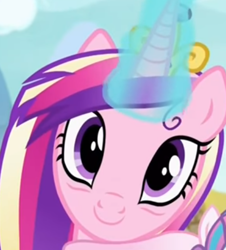 Size: 434x481 | Tagged: safe, screencap, princess cadance, princess flurry heart, alicorn, pony, a flurry of emotions, bags under eyes, female, glowing horn, magic aura, mare, messy mane, smiling, solo, solo focus, tired