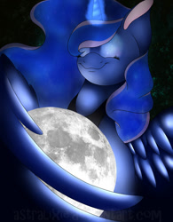 Size: 1024x1315 | Tagged: safe, artist:astralixie, princess luna, alicorn, pony, eyes closed, glowing horn, hug, magic, moon, pony bigger than a planet, smiling, solo, space, tangible heavenly object, winghug