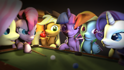 Size: 1920x1080 | Tagged: safe, artist:jack27121, derpibooru import, applejack, fluttershy, pinkie pie, rainbow dash, rarity, twilight sparkle, twilight sparkle (alicorn), alicorn, earth pony, pegasus, pony, unicorn, 3d, billiards, female, mane six, mare, pool table, source filmmaker