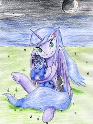 Size: 2364x3168 | Tagged: safe, artist:40kponyguy, derpibooru exclusive, princess luna, oc, oc:darkest lunar flower, alicorn, pony, crescent moon, cuddling, moon, plushie, raised hoof, traditional art, underhoof