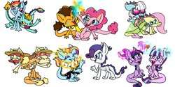 Size: 1200x600 | Tagged: safe, artist:bumbleboo12, derpibooru import, applejack, cheese sandwich, flam, flim, fluttershy, lightning dust, photo finish, pinkie pie, rainbow dash, rarity, sassy saddles, starlight glimmer, twilight sparkle, dragon, dragonified, dragonjack, flim flam brothers, flutterdragon, glimmerdragon, mane six, pinkiedragon, rainbow dragon, raridragon, simple background, species swap, twilidragon, white background