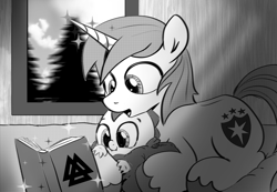 Size: 1013x703 | Tagged: safe, artist:mamatwilightsparkle, shining armor, spike, dragon, pony, unicorn, baby, baby dragon, baby spike, book, cute, cutie mark, male, monochrome, reading, shining adorable, spikabetes, spikelove, teenager, tumblr, valknut, younger
