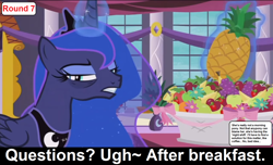 Size: 1600x973 | Tagged: safe, edit, edited screencap, screencap, princess luna, alicorn, pony, comic:celestia's servant interview, a royal problem, apple, bags under eyes, banana, canterlot, caption, cs captions, food, grapes, grumpy, grumpy luna, interview, levitation, magic, pineapple, solo, telekinesis, tired