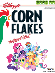 Size: 351x470 | Tagged: safe, artist:dial102394, artist:newbronyfan, derpibooru import, applejack, fluttershy, pinkie pie, princess celestia, rainbow dash, rarity, spike, twilight sparkle, twilight sparkle (alicorn), alicorn, dragon, earth pony, pegasus, pony, unicorn, cereal, corn flakes, cornelius rooster, female, food, kellogg's, mane six, mare, the original & best, william keith kellogg