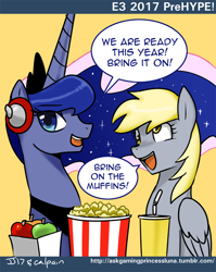 Size: 600x755 | Tagged: safe, artist:johnjoseco, derpy hooves, princess luna, alicorn, pony, ask gaming princess luna, comic, duo, e3, gamer luna