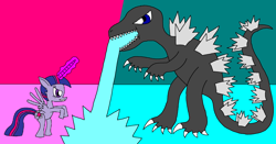 Size: 2398x1258 | Tagged: safe, artist:killerbug2357, derpibooru import, twilight sparkle, twilight sparkle (alicorn), alicorn, kaiju, pony, 1000 hours in ms paint, crossover, female, fight, godzilla, godzilla (series), magic, mare, ms paint