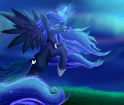 Size: 1024x868 | Tagged: safe, artist:suziouwabami, princess luna, alicorn, pony, eyes closed, hooves up, magic, night, rearing, smiling, solo, spread wings, wings