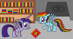 Size: 1492x802 | Tagged: safe, artist:killerbug2357, derpibooru import, rainbow dash, twilight sparkle, twilight sparkle (alicorn), alicorn, pegasus, pony, 1000 hours in ms paint, book, female, mare, ms paint