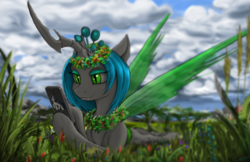 Size: 2862x1858 | Tagged: safe, artist:vladimir-olegovych, queen chrysalis, shining armor, changeling, changeling queen, pony, unicorn, cellphone, changelings in the comments, cloud, cute, cute little fangs, cutealis, fangs, female, floral head wreath, flower, flower in hair, grass, phone, prone, slit eyes, smiling, solo