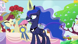 Size: 1920x1080 | Tagged: safe, screencap, hilly hooffield, princess luna, alicorn, pony, a royal problem, discovery family logo, flower, hooffield family, rose, smiling, swapped cutie marks