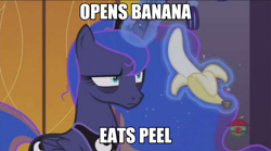 Size: 656x366 | Tagged: safe, edit, edited screencap, screencap, princess luna, alicorn, pony, a royal problem, bags under eyes, banana, food, solo, treehouse logo