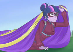 Size: 1280x916 | Tagged: safe, artist:jonfawkes, derpibooru import, sci-twi, twilight sparkle, equestria girls, friendship games, clothes, covered, embarrassed, goggles, jumpsuit, parachute, solo