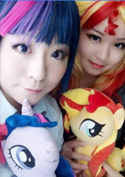 Size: 480x679 | Tagged: source needed, safe, artist:onlyfactory, derpibooru import, sunset shimmer, twilight sparkle, human, pony, bootleg, clothes, cosplay, costume, irl, irl human, photo, plushie, taiwan, taiwan ponycon