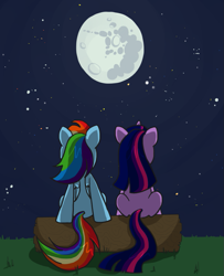 Size: 811x1000 | Tagged: safe, artist:coggler, rainbow dash, twilight sparkle, pegasus, pony, log, mare in the moon, moon, night, shipping, to the moon, twidash