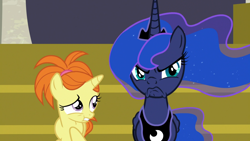 Size: 1920x1080 | Tagged: safe, screencap, indian summer, princess luna, alicorn, pony, a royal problem, accident, female, filly, oh come on, oops, raised eyebrow, scowl