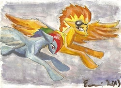 Size: 1619x1172 | Tagged: safe, artist:rrigtan, rainbow dash, spitfire, pegasus, pony, flying, traditional art