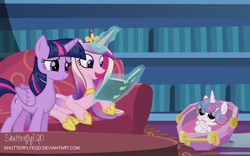 Size: 3142x1959 | Tagged: safe, artist:shutterflyeqd, princess cadance, princess flurry heart, twilight sparkle, twilight sparkle (alicorn), alicorn, pony, baby, baby pony, book, crown, cute, female, jewelry, mare, reading, regalia, smiling