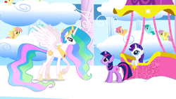 Size: 1366x768 | Tagged: safe, derpibooru import, screencap, cool star, dizzy twister, lyra heartstrings, orange swirl, parasol, princess celestia, rarity, spring melody, sprinkle medley, starburst (character), twilight sparkle, unicorn twilight, alicorn, pegasus, pony, unicorn, sonic rainboom (episode), background pony, female, high spirits, hot air balloon, male, mare, stallion, twinkling balloon