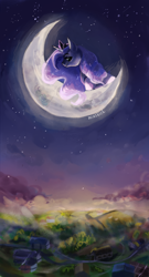 Size: 700x1300 | Tagged: safe, artist:miushich, princess luna, alicorn, pony, moon, night, scenery, sitting, solo, stars, tangible heavenly object, twilight (astronomy)