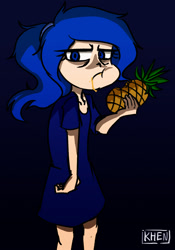 Size: 796x1140 | Tagged: safe, artist:kprovido, princess luna, human, a royal problem, bags under eyes, clothes, dark background, eating, food, glare, grumpy, grumpy luna, humanized, messy eating, pineapple, solo